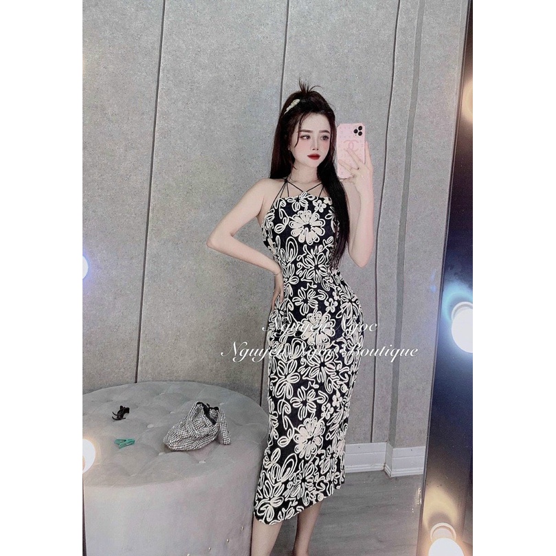 Đầm ôm body họa tiết đan dây cổ