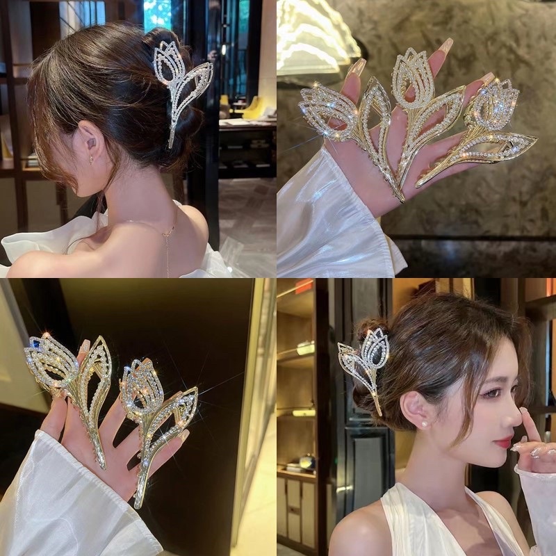 Kẹp tóc hoa Tulips tinh tế đính đá đính ngọc kẹp tóc sang trọng nữ tính sau đầu phong cách Hàn Quốc