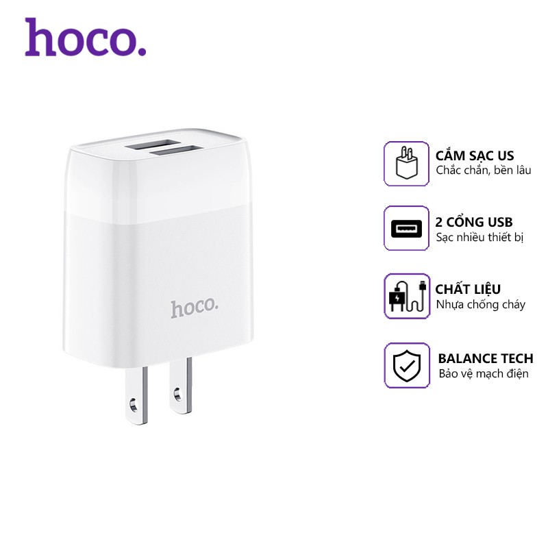 Cóc sạc nhanh Hoco C73 2 cổng USB 2.4A, nhựa ABS, tương thích nhiều thiết bị