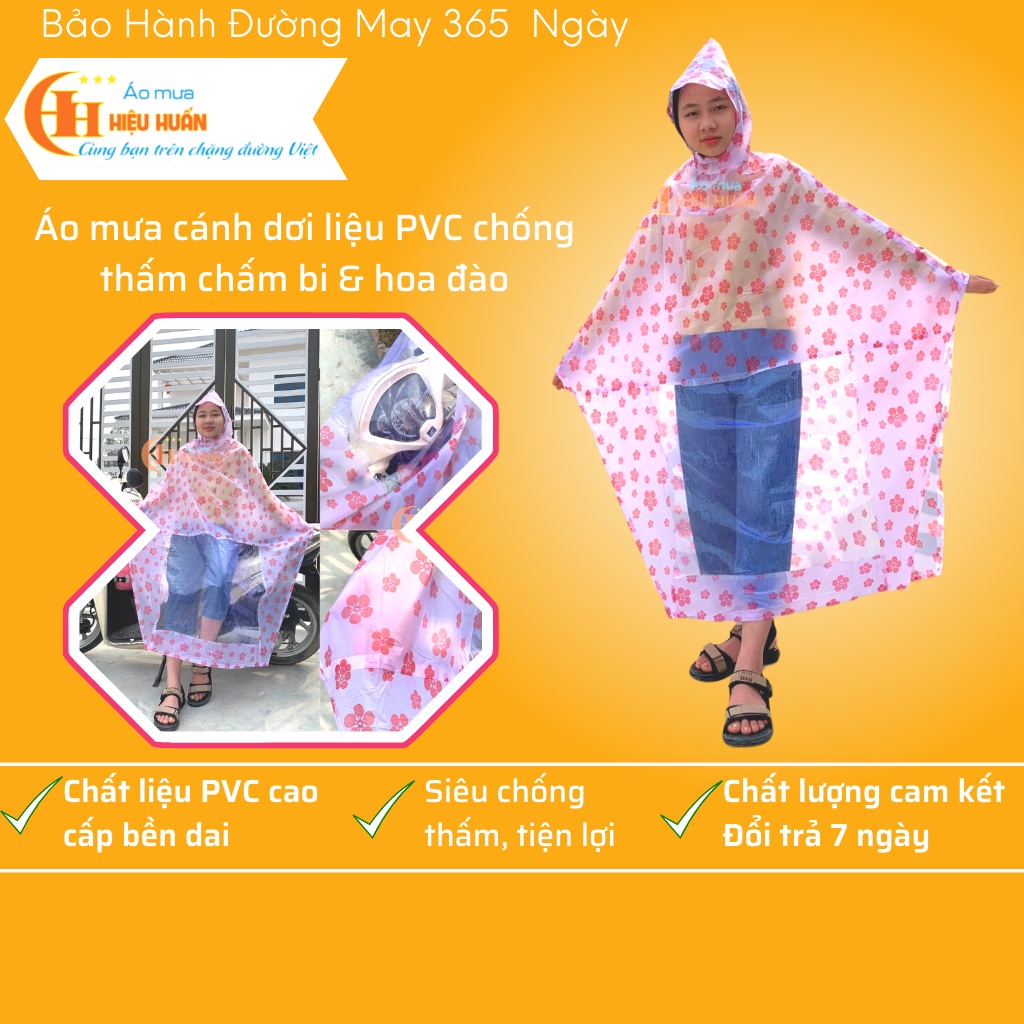 Áo Mưa 1 Người  Cánh Rơi Đi Xe Máy Họa tiết chấm bi và hoa đào, nhựa PVC chống thấm aomuahieuhuan
