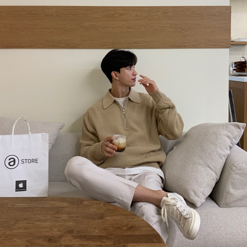 Áo Sweater Cổ Polo Dáng Rộng Dày Dặn Phối Khóa Kéo Cá Tính Kiểu Retro Nhật Bản Cho Nam