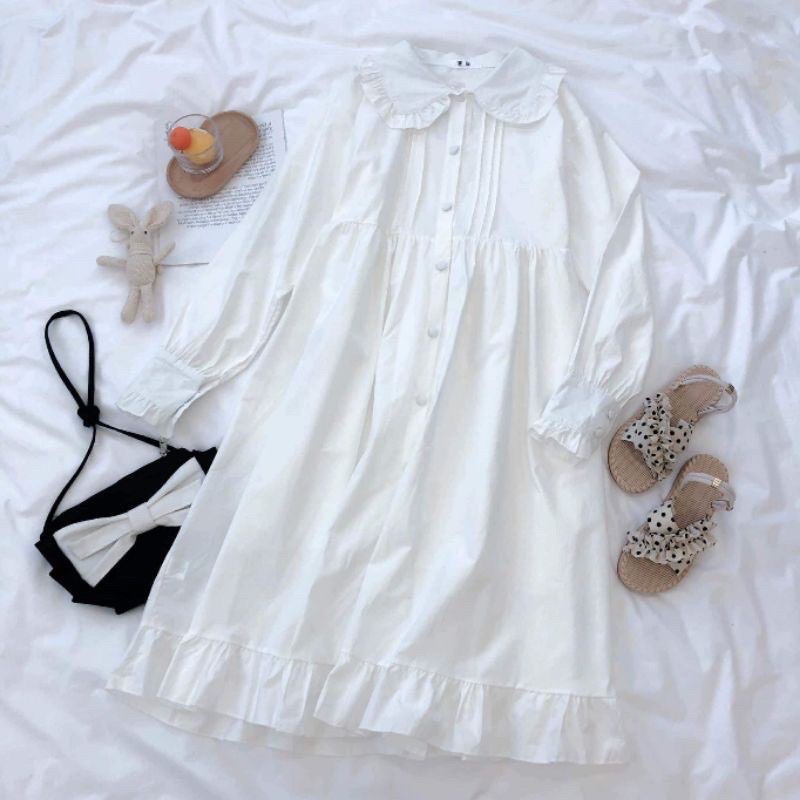 ĐẦM SƠ MI-Váy babydol trắng cổ sen đính cúc dài tay chất thô mềm | BigBuy360 - bigbuy360.vn