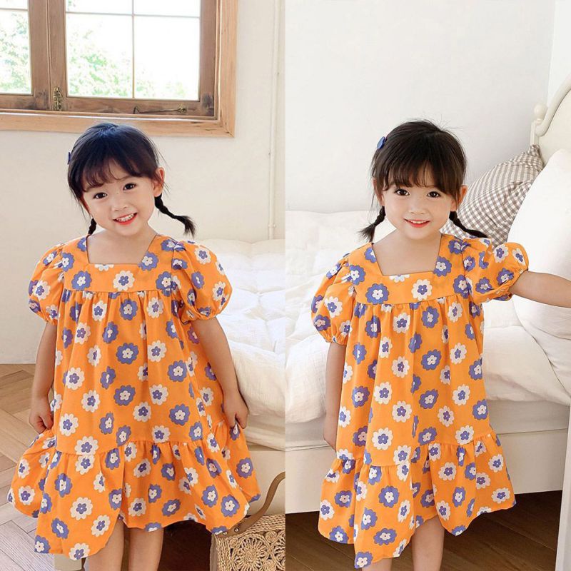 Đầm Công Chúa Dáng Rộng Cổ Vuông Kiểu Hàn Quốc Thời Trang Mùa Hè Cho Bé Gái
