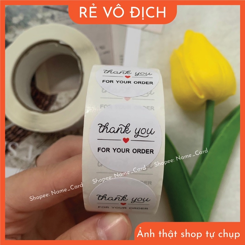 Tem dán  thank you, sticker thank you cuộn 500 cái, đường kính 2,5 cm, hàng có sẵn tại shop