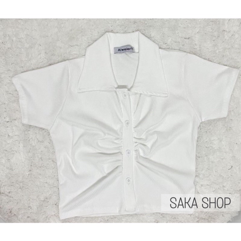 Áo croptop nữ thun cổ sơ mi nhún chỉ nút gài nhiều màu