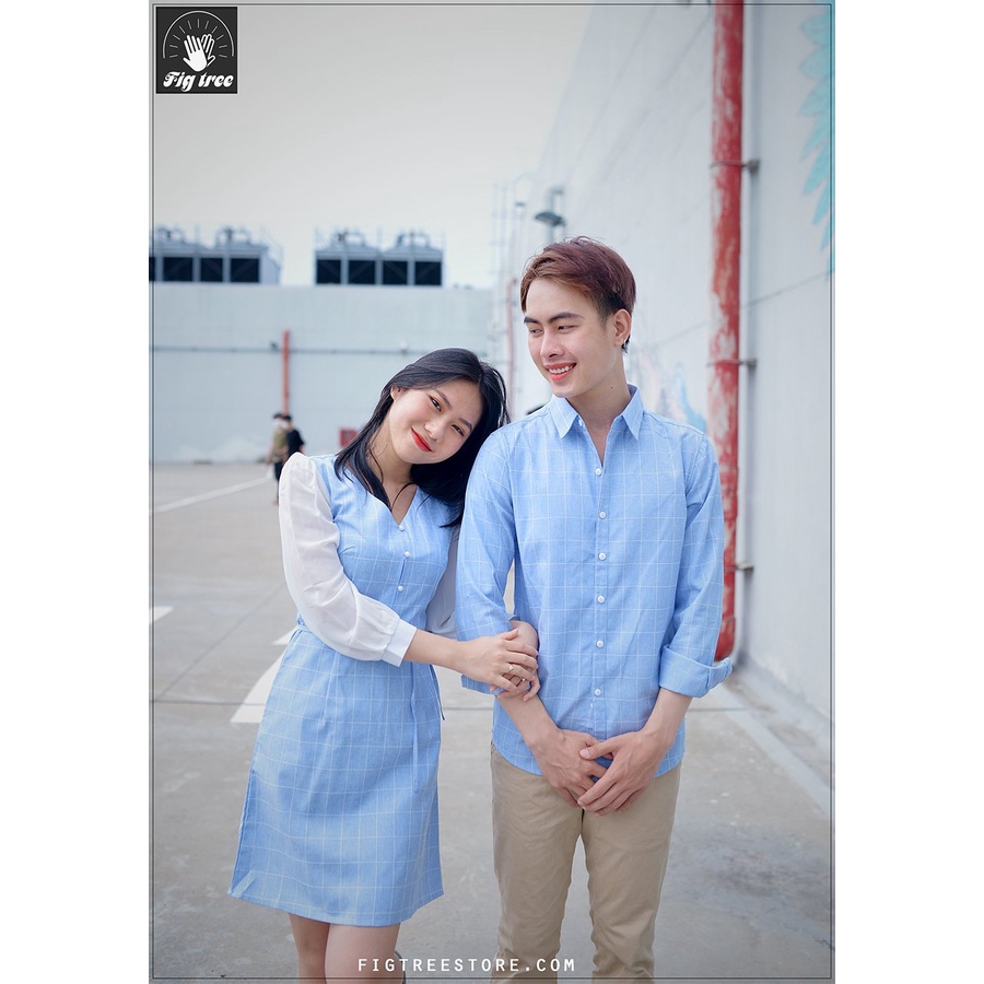 Set Sơ Mi Váy Đôi FIGTREE Caro Xanh Nhạt Tươi Mát Mã 126B