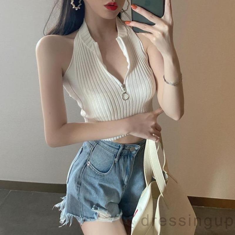 Áo croptop sát nách màu trơn phối khóa kéo cá tính quyến rũ cho nữ