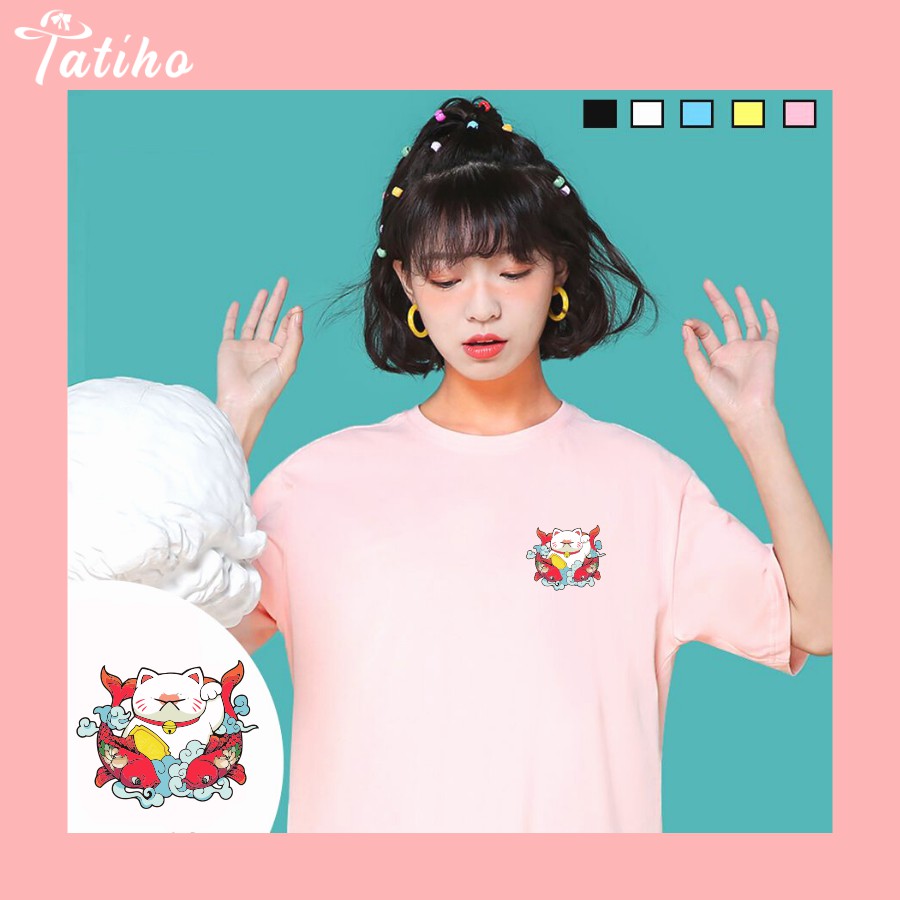 [Hàng Xịn, Giá Tốt] Áo Phông Thun Mèo May Mắn Cá Chép Mini Nam Nữ - Unisex - Cotton - Mã AT036
