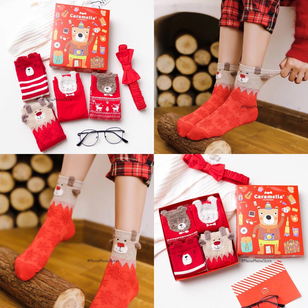 Hộp 4 đôi vớ noel em bé hãng Caramella chất vải cotton mềm mại co giãn