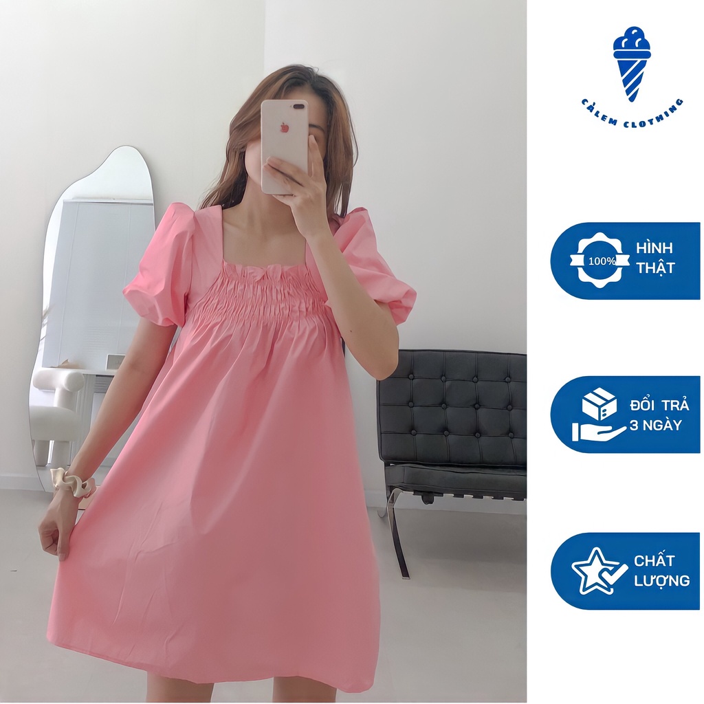 Đầm babydoll nhún ngực tay phồng