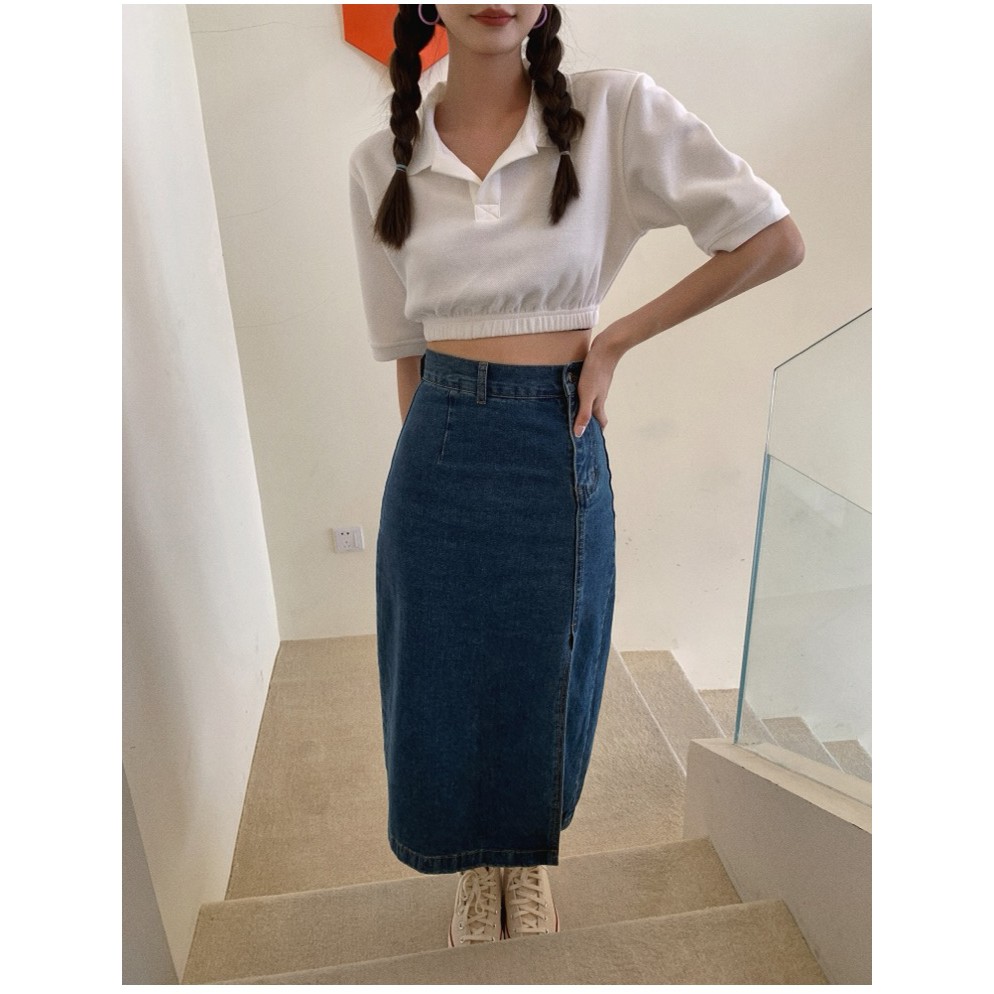 Chân váy jean cạp cao xẻ tà cá tính thời trang 43784