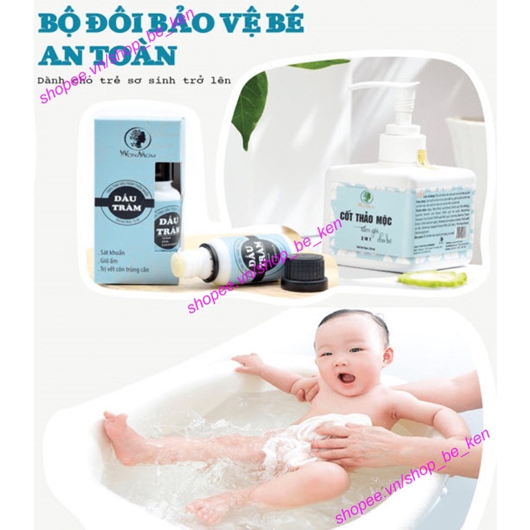 Bộ đôi bảo vệ Bé an toàn Wonmom (1 Sữa tắm gội thảo mộc 2in1 + 1 Dầu tràm nguyên chất)