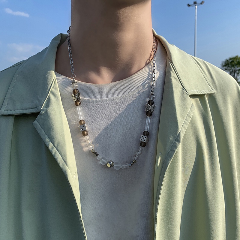 Vòng cổ Thép Titan Phối Mặt Hình Bướm Và Ngọc Trai Phong Cách hip hop Thời Trang Cho Nam Và Nữ