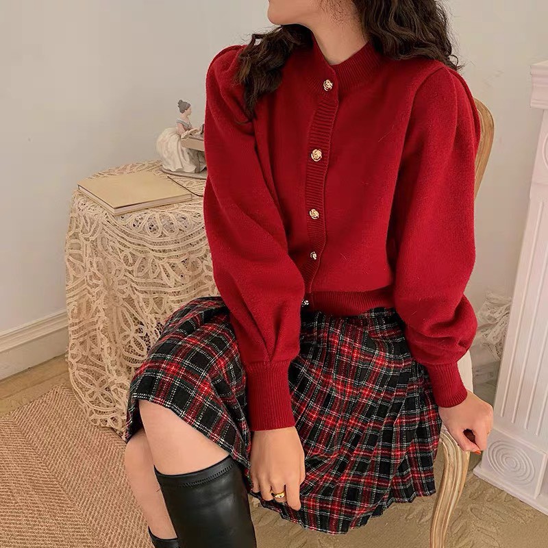 RẺ NHẤT SHOPEE Áo thun dài tay Áo Cardigan dáng ngắn ôm body ulzzang màu đỏ