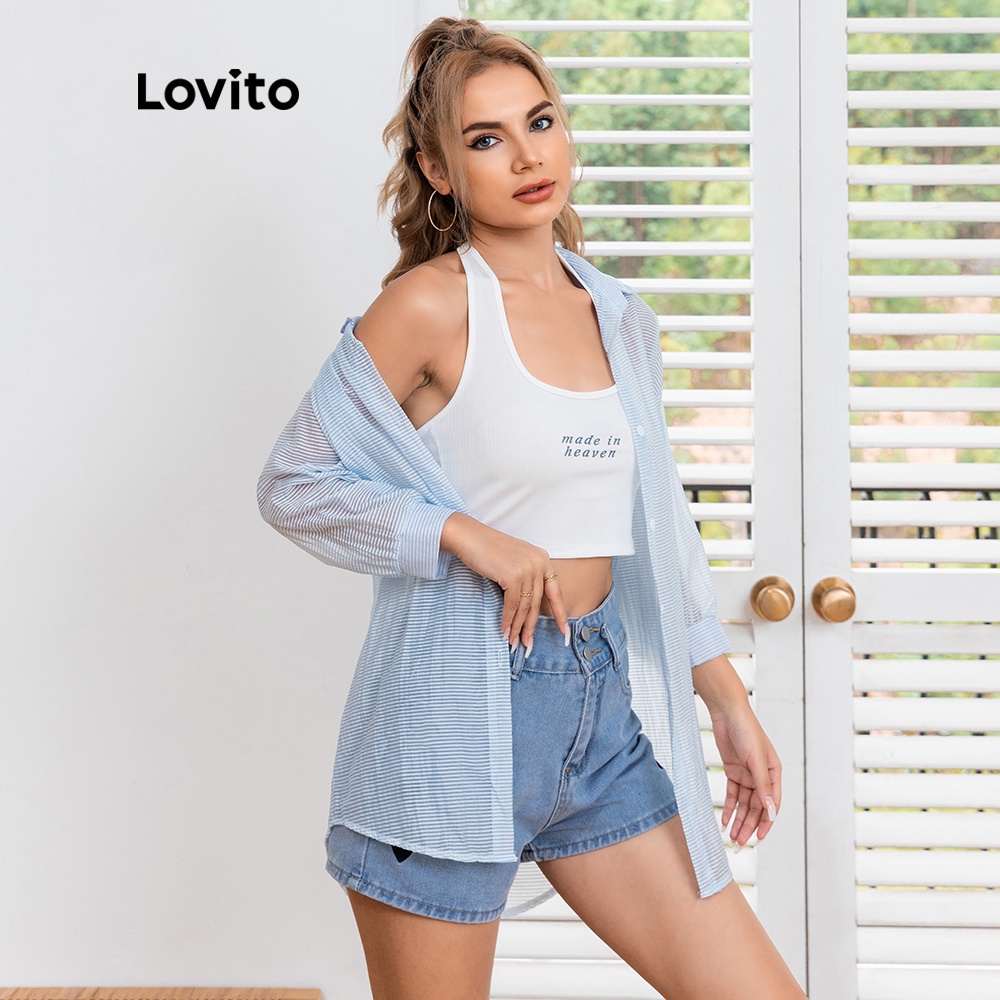 Áo kiểu Lovito kẻ sọc kiểu dáng đơn giản L06161 (màu xanh dương) | BigBuy360 - bigbuy360.vn