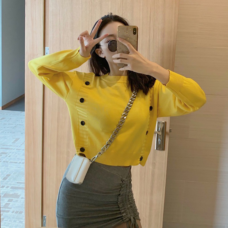 Women Long Sleeve Cute Solid Color Loose Round Collar Button Sweater | BigBuy360 - bigbuy360.vn