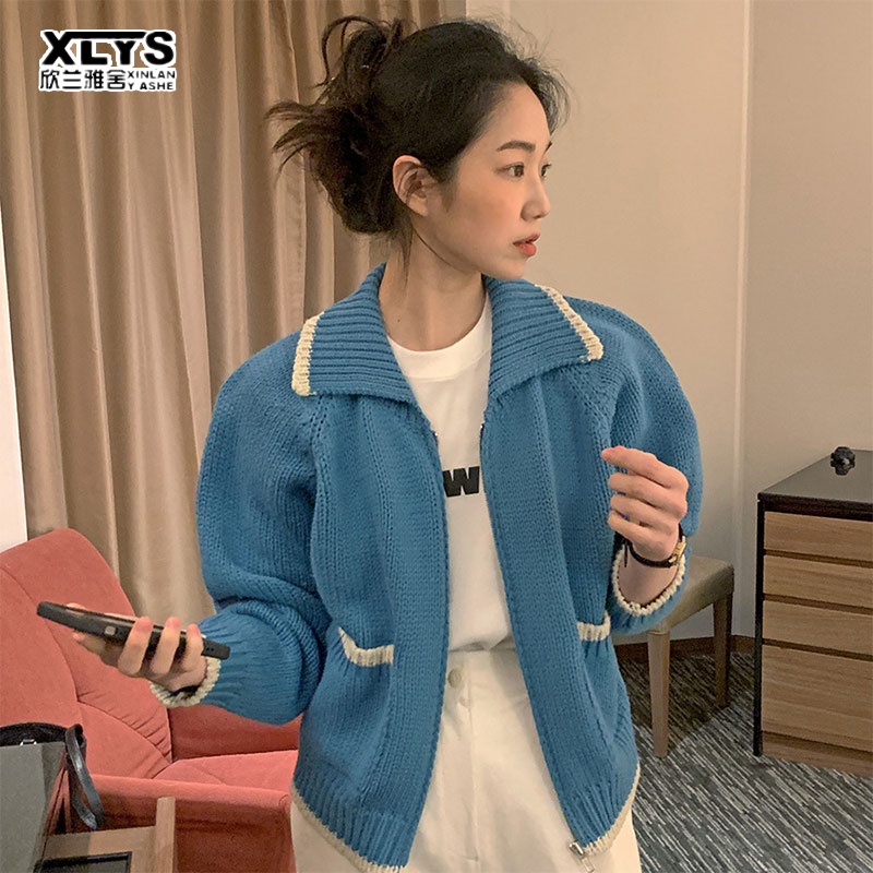 Áo khoác sweater dệt kim XINLANYASHE phối khóa kéo thiết kế thời trang thu đông hàn quốc 2022