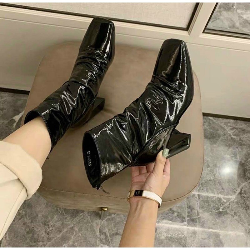 Boots nữ nhăn da bóng ôm chân cao gót 6,7 phân (Fullbox) | BigBuy360 - bigbuy360.vn