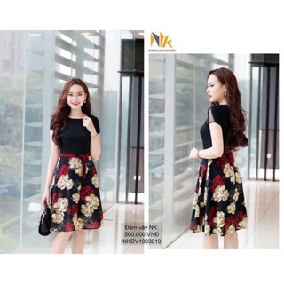 New Đầm xoè hoa phối thân thời trang