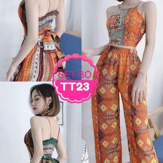 Set thổ cẩm ống rộng + áo cột nơ lưng