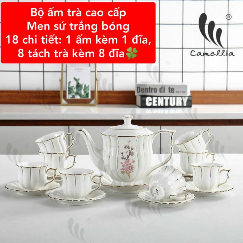 Bộ ấm trà men sứ Trắng, 18 chi tiết cao cấp