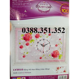 tranh thêu chữ thập hoa hồng đồng hồ kt 67x45cm
