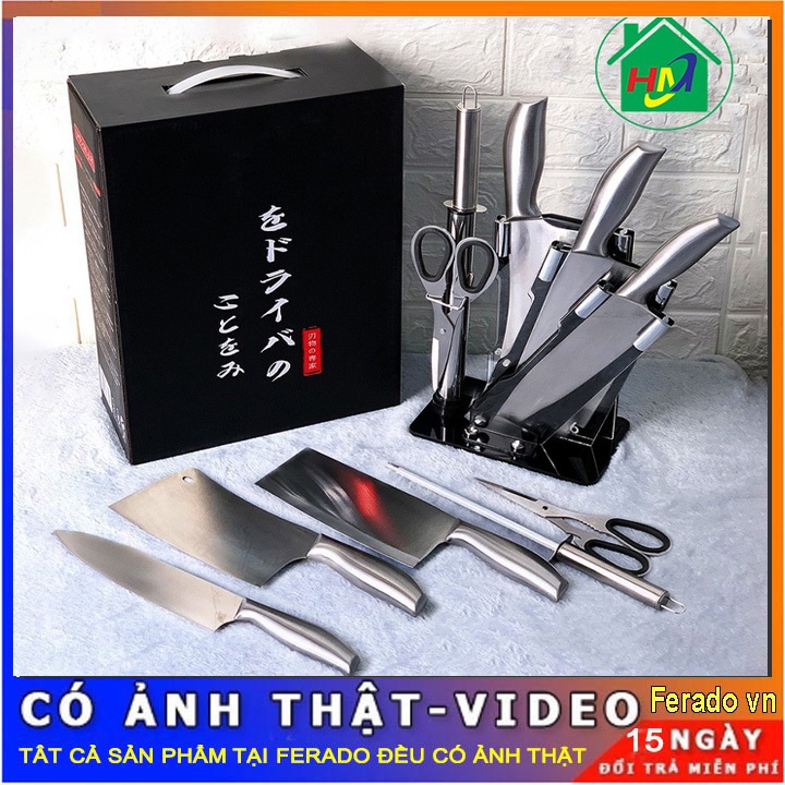 Bộ dao nhật 6 món inox nhà bếp nguyên khối cao cấp kèm khay đựng
