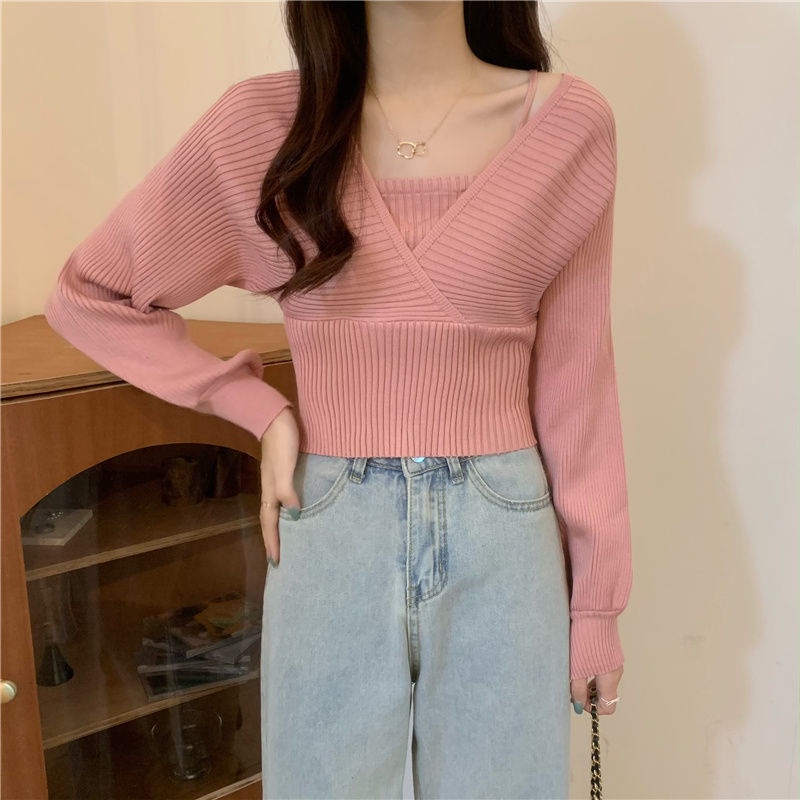 Áo Thun Tay Dài Giả Hai Mảnh Dáng Ngắn Lưng Cao Màu Đen Thời Trang Mùa Thu Hàng Mới 2021 Dành Cho Bạn Nữ