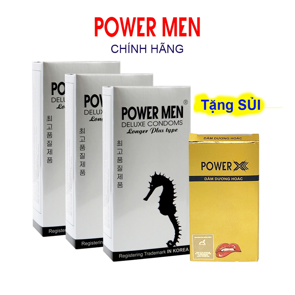 Combo 3 Hộp Bao cao su Powermen cá ngựa gân gai, chống xuất tinh sớm Hộp 12 chiếc + Tặng SỦI