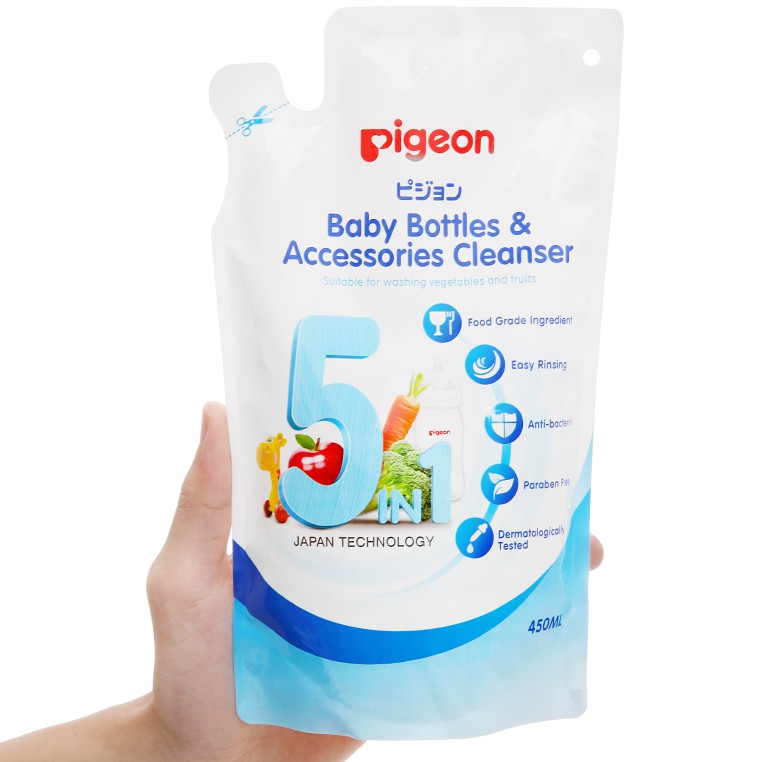 Dung dịch súc rửa bình sữa và rau củ quả Pigeon ECO túi 450ml 5in1
