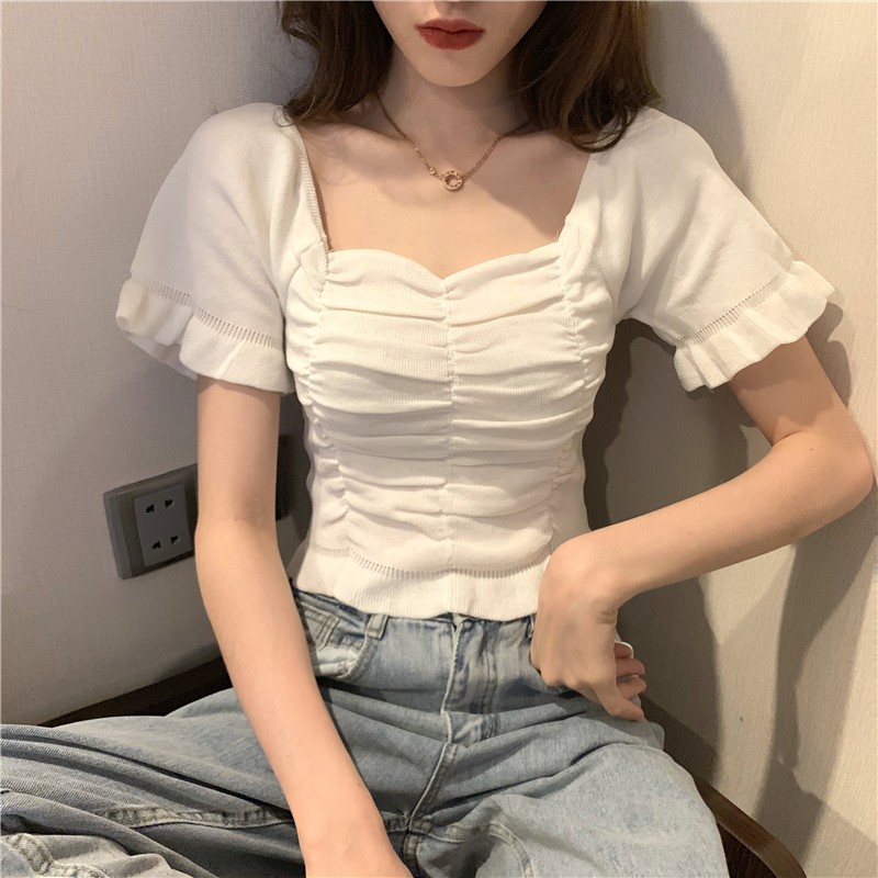 Áo cổ vuông rúm ngực chất len tăm co giãn Hàn Quốc, Áo peplum ulzzang nhún freesize điệu đà cực xinh tôn dáng | BigBuy360 - bigbuy360.vn