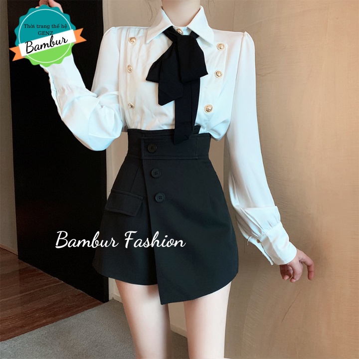 Quần short nữ giả váy cạp cao Bambur kiểu vạt lệch phối cúc cao cấp phong cách retro tôn mông tôn eo