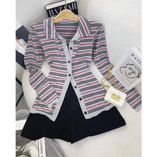 Set áo sọc cổ polo cài nút + short đen