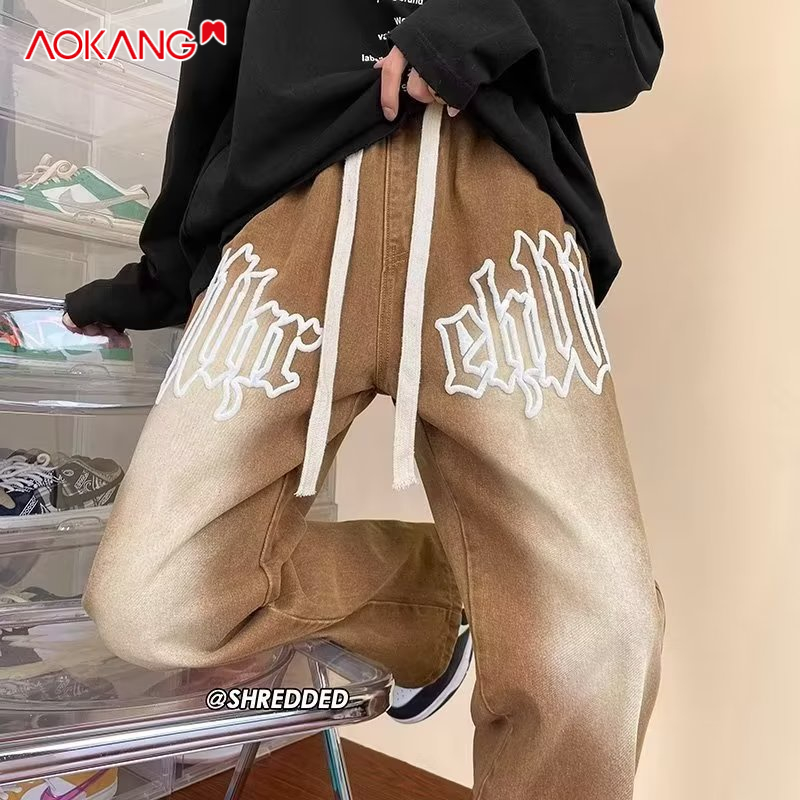 Quần jean dài AOKANG lưng cao in họa tiết thời trang mùa đông cho nam