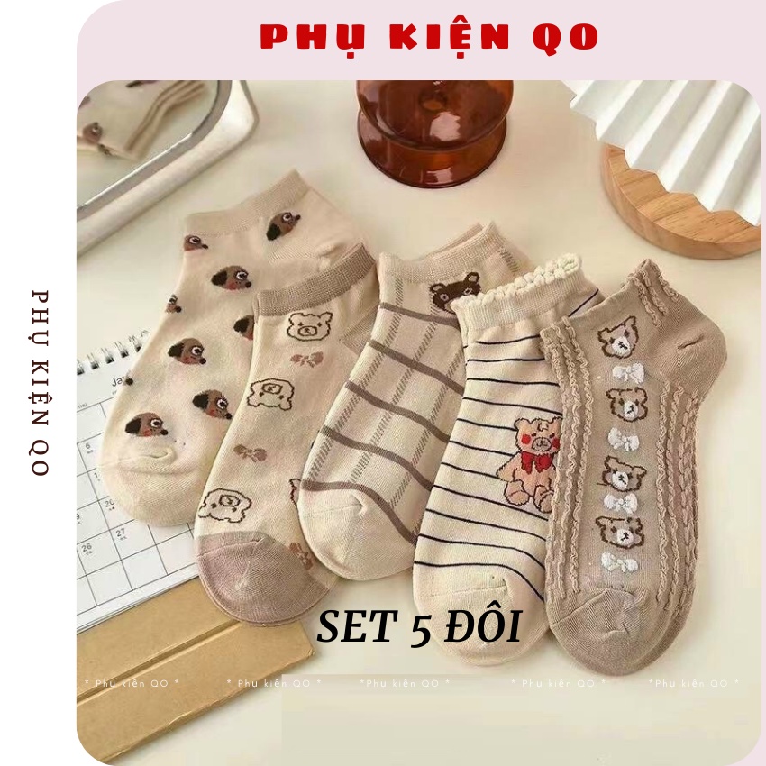 Tất nữ vớ nữ cổ ngắn set 5 đôi họa tiết cute dễ thương phong cách Hàn Quốc kèm túi - VO04