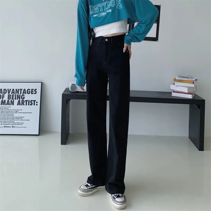 Quần Jeans Nữ Ống Suông Màu Đen Trơn Cạp Cao Phong Cách Ulzzang Basic Chất Đẹp Loại 1 Mềm Tay Co Dãn Nhẹ Mặc Hàng Ngày