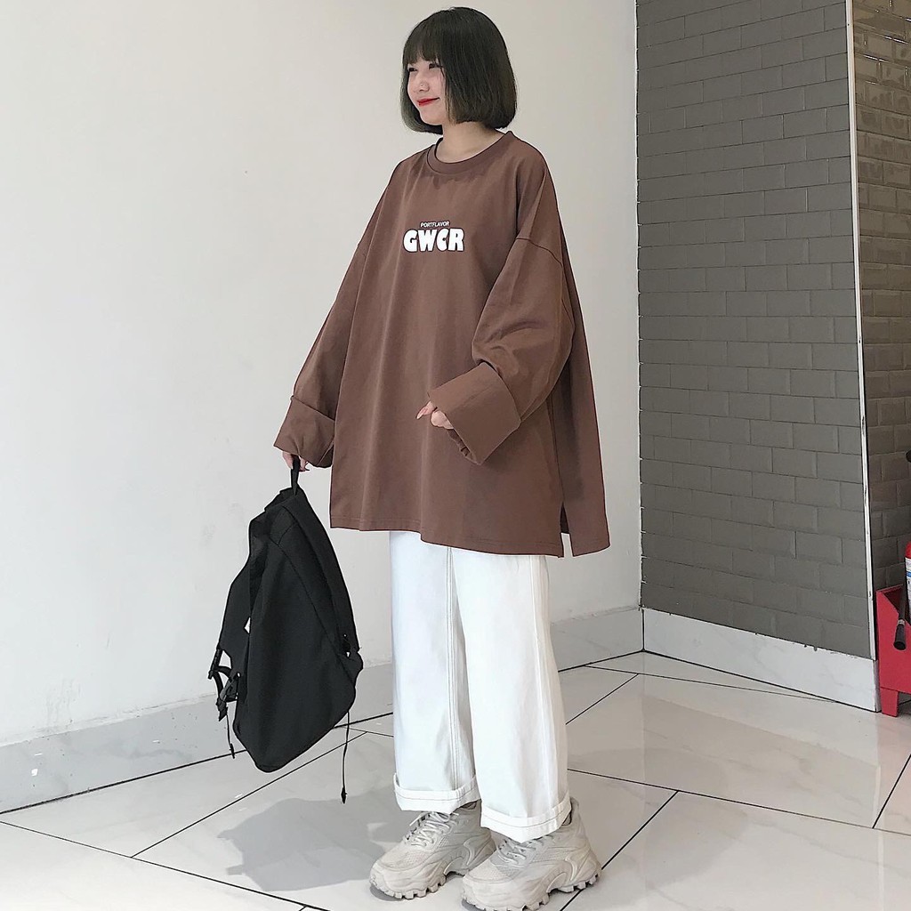 Áo Thun Nữ Dài Tay Form Rộng Basic Áo Phông Nữ Cổ Tròn Xẻ Tà GWCR Chất Liệu Cotton 4 Màu Be Nâu Xanh Than Nâu Đất 1803