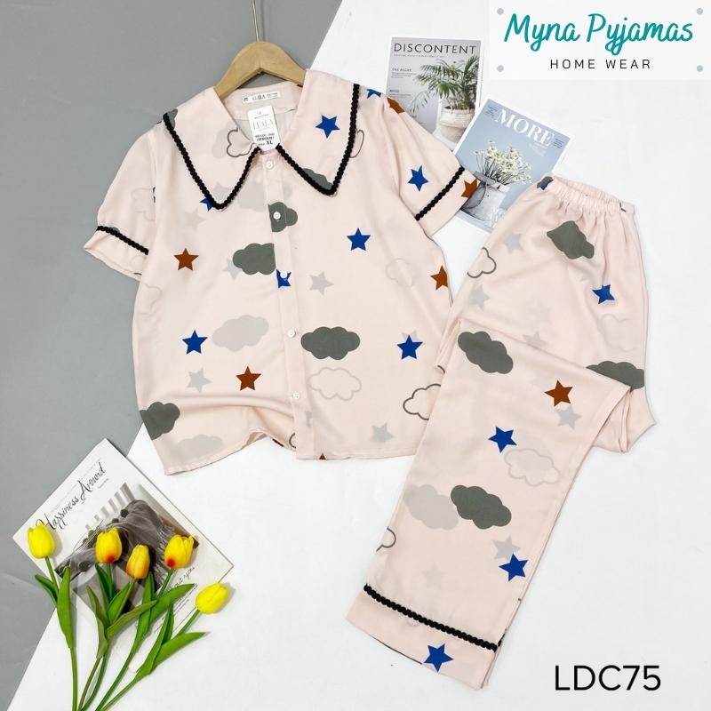Bộ bizama mặc nhà cổ phối ren tay ngắn quần dài - MYNA PYJAMAS