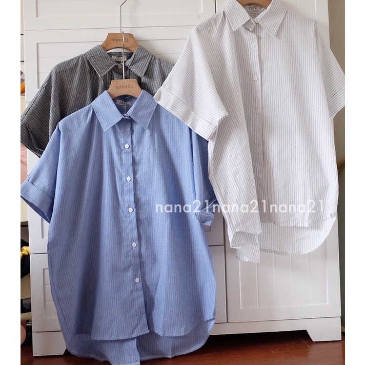 Áo sơ mi kẻ cách điệu hàng khuy sau ĐEN/TRẮNG/XANH Nana21 Nanastore21