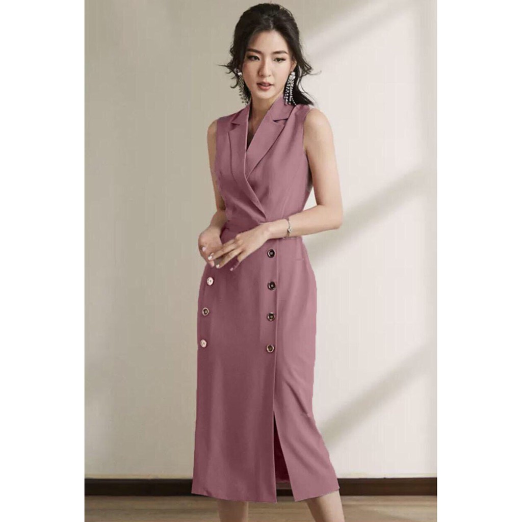 Đầm Cati Hồng Ruốc Cổ Vest