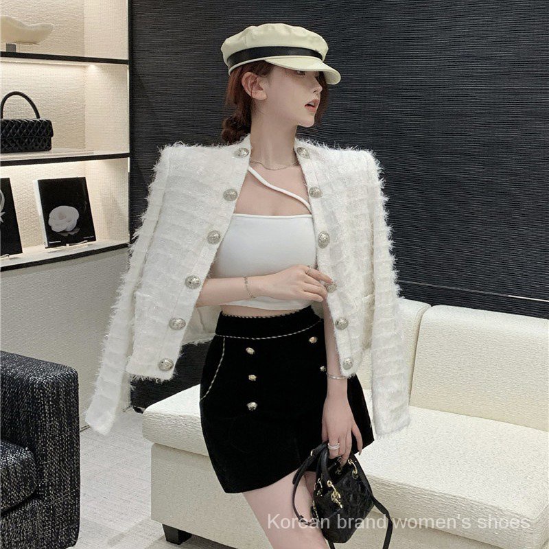 Áo khoác Tweed cổ tròn tay dài có đệm vai màu trắng thời trang mùa thu hàng mới cho nữ