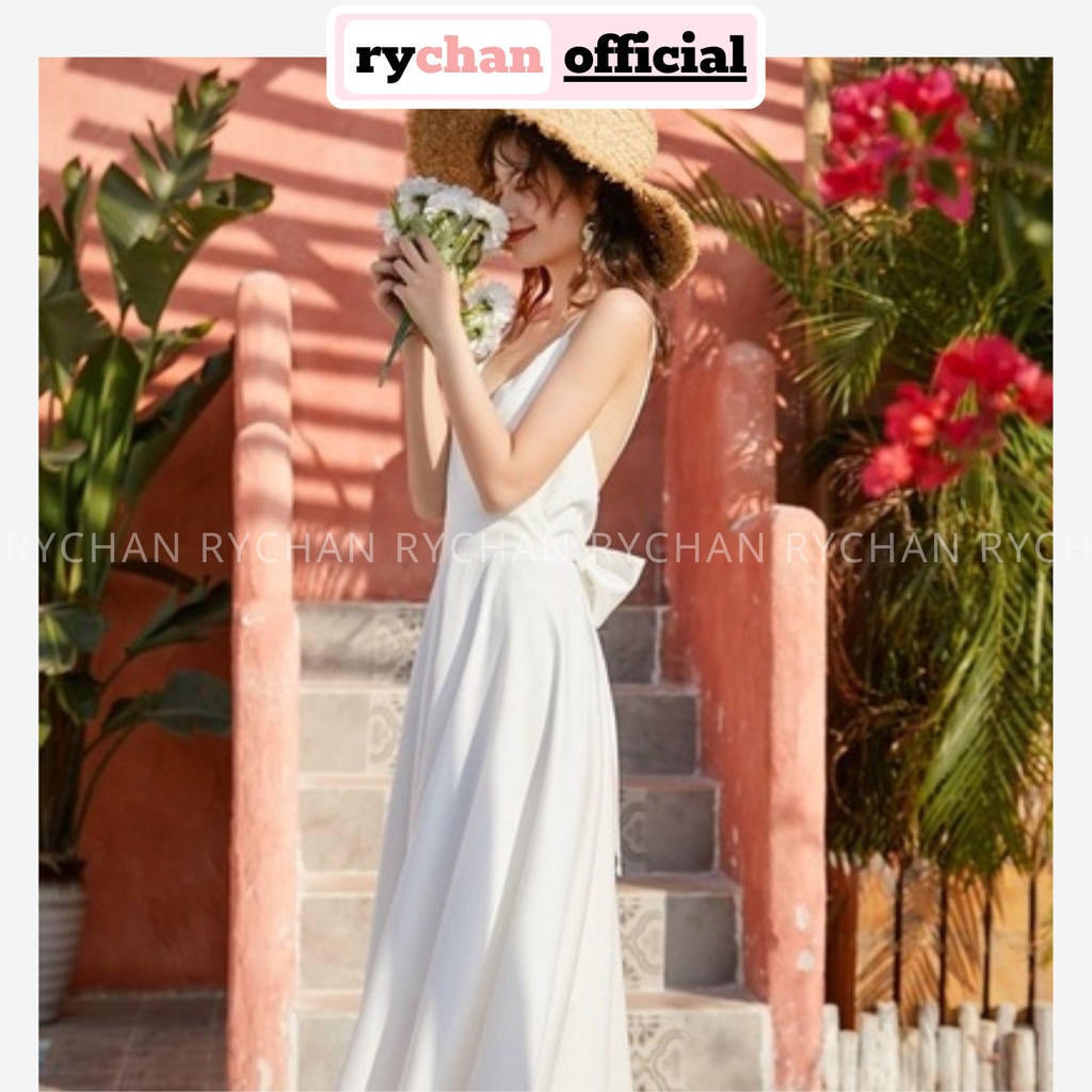 Đầm Maxi Trắng Đi Biển  Hai Dây Hở Lưng DM742