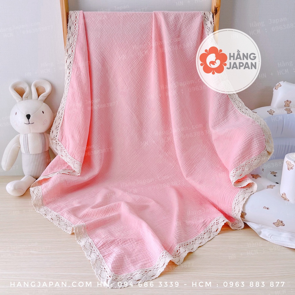 Chăn xô thêu viền ren chất liệu sợi muslim siêu đẹp cho bé kích thước 1.2*1.2m
