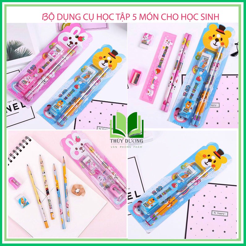 [QUÀ TẶNG LÀ 1 BÚT CHÌ] Bộ dụng cụ học tập 5 món bút chì,thước kẻ cute,gọt bút chì,gôm tẩy bút chì_quà tặng học sinh