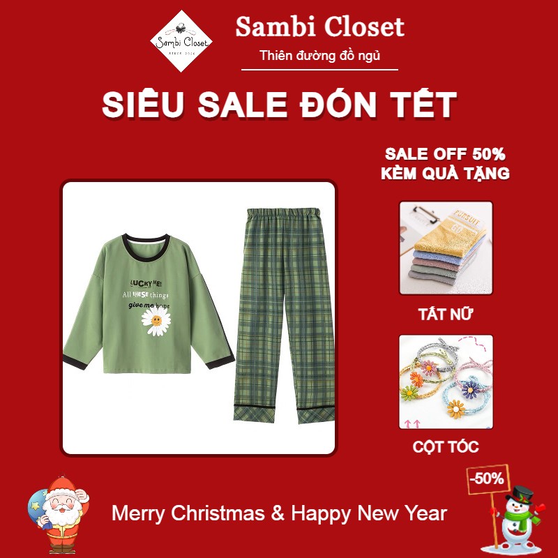 Bộ đồ mặc nhà nữ Sambi thu đông nỉ dài tay quần kẻ họa tiết cao cấp
