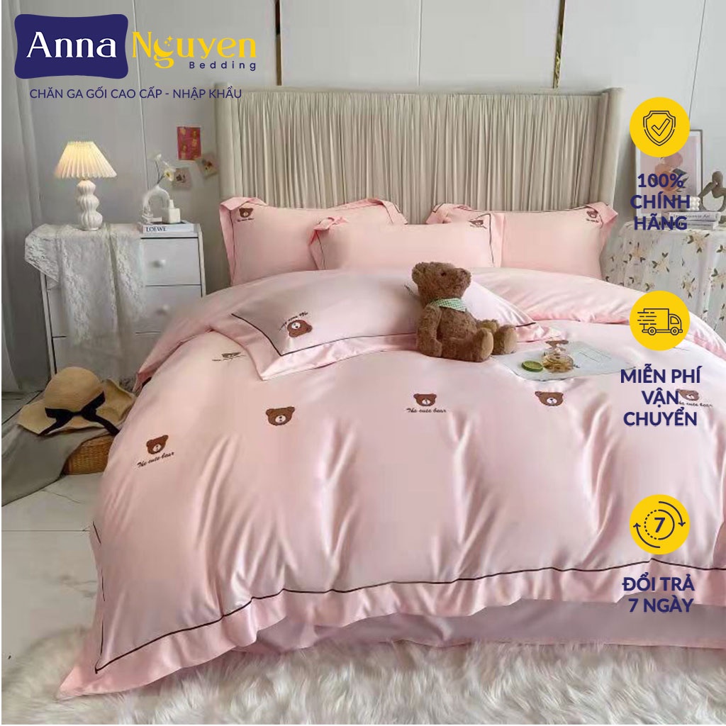 Bộ Chăn Ga Gối Đệm Lụa Thêu Hình Gấu Drap Giường Phi Bóng Cao Cấp Bo Chun Drap - Anna Nguyen Bedding