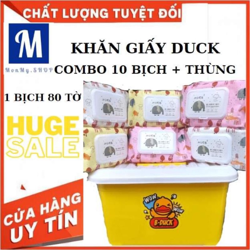 COMBO 10 bịch khăn giấy ướt duck tặng kèm thùng vịt vàng nhựa đáng yêu kháng khuẩn, mềm mại, an toàn tích hợp cho da