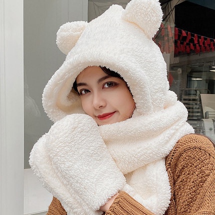 Bộ Khăn Mũ Lông Cừu Gấu Kèm Găng Tay 3in1 Cho Mùa Đông Ấm Áp
