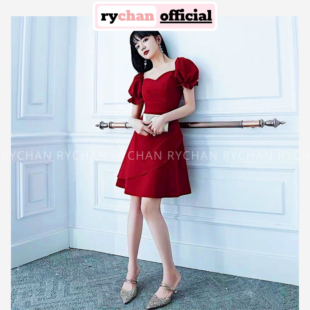 Đầm Xòe Đỏ Tay Phồng Cổ Vuông Đắp Tà Tay Ngắn Bo Chun - DX0078