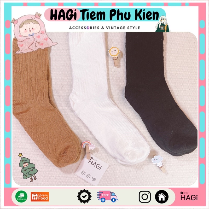 Set 3 Đôi Tất nữ Vintage Sọc Cao Cổ Nhún Phối màu Dễ thương Phong cách Hàn quốc Học sinh Sinh Viên